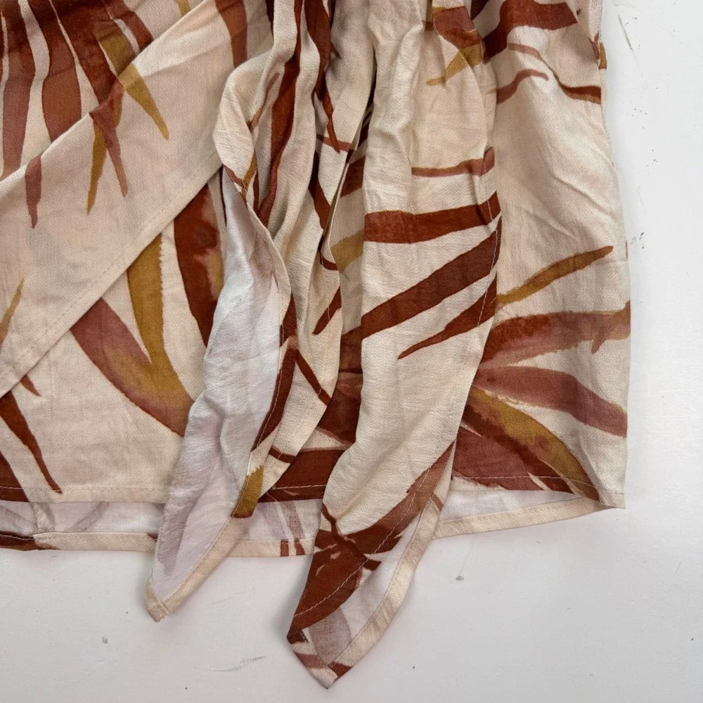 Tropical Palm Print Faux Wrap Mini Skirt Side Tie Cream Terracotta Large